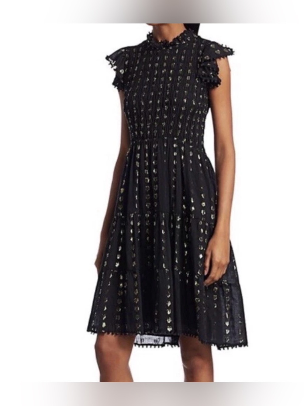 SEA NEW YORK Black Eyelet Midi Dress with Metallic Gold Accents size 4 NEW - Picture 2 of 7